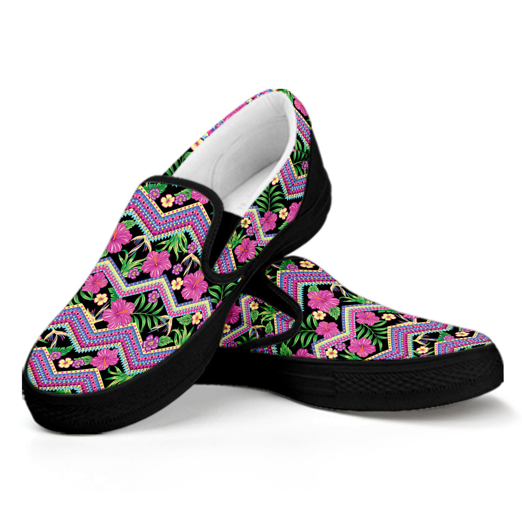 Tropical Hibiscus Flowers Aztec Print Black Slip On Shoes