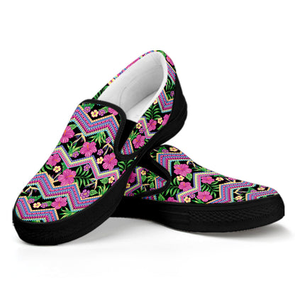 Tropical Hibiscus Flowers Aztec Print Black Slip On Shoes