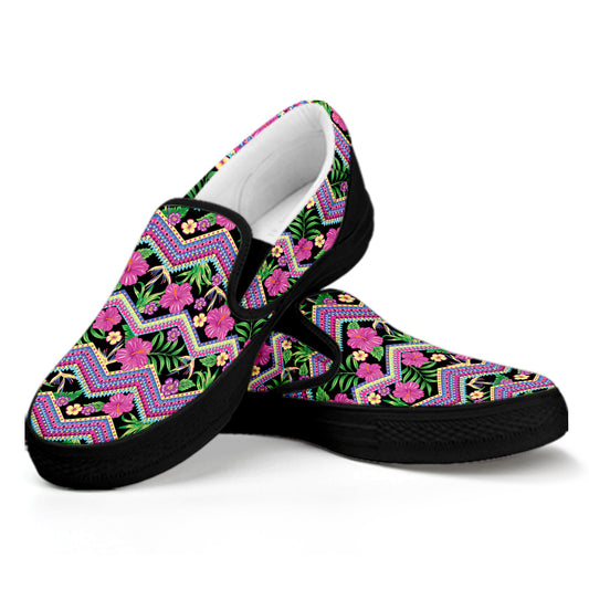 Tropical Hibiscus Flowers Aztec Print Black Slip On Shoes