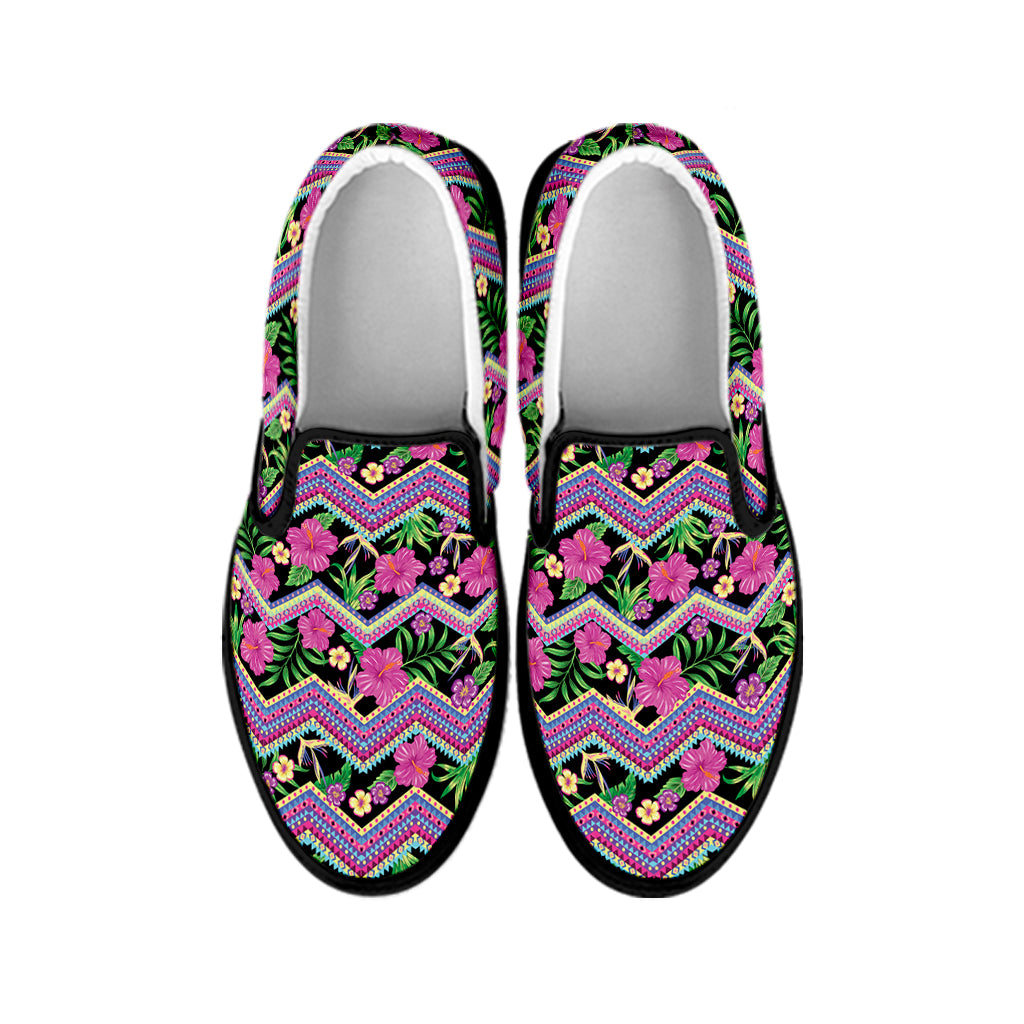 Tropical Hibiscus Flowers Aztec Print Black Slip On Shoes