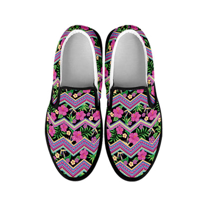 Tropical Hibiscus Flowers Aztec Print Black Slip On Shoes