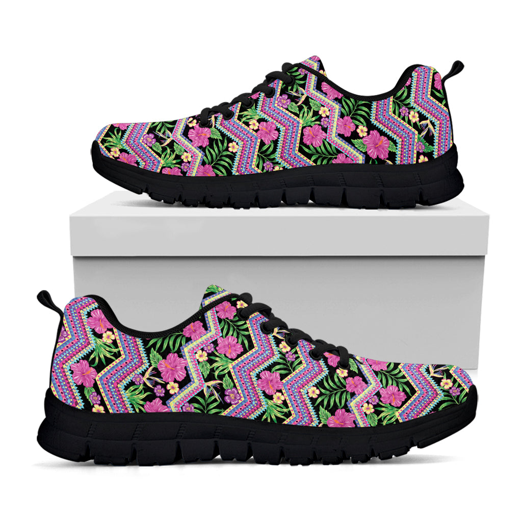 Tropical Hibiscus Flowers Aztec Print Black Sneakers