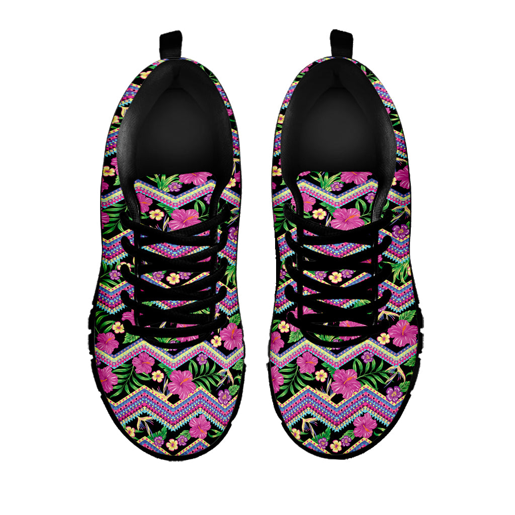 Tropical Hibiscus Flowers Aztec Print Black Sneakers