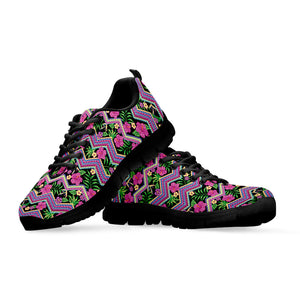 Tropical Hibiscus Flowers Aztec Print Black Sneakers