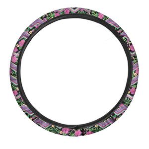 Tropical Hibiscus Flowers Aztec Print Car Steering Wheel Cover