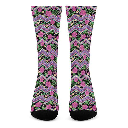 Tropical Hibiscus Flowers Aztec Print Crew Socks