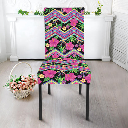 Tropical Hibiscus Flowers Aztec Print Dining Chair Slipcover