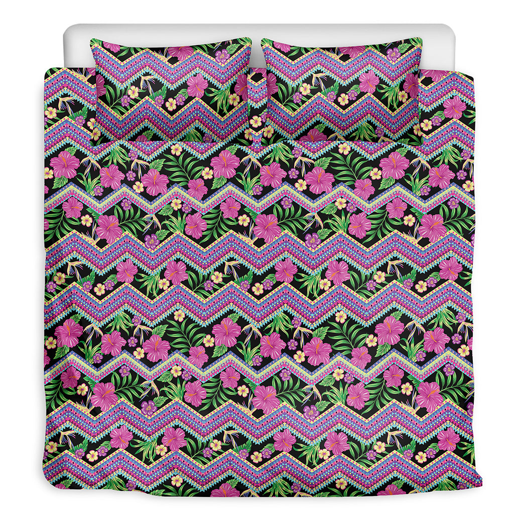 Tropical Hibiscus Flowers Aztec Print Duvet Cover Bedding Set