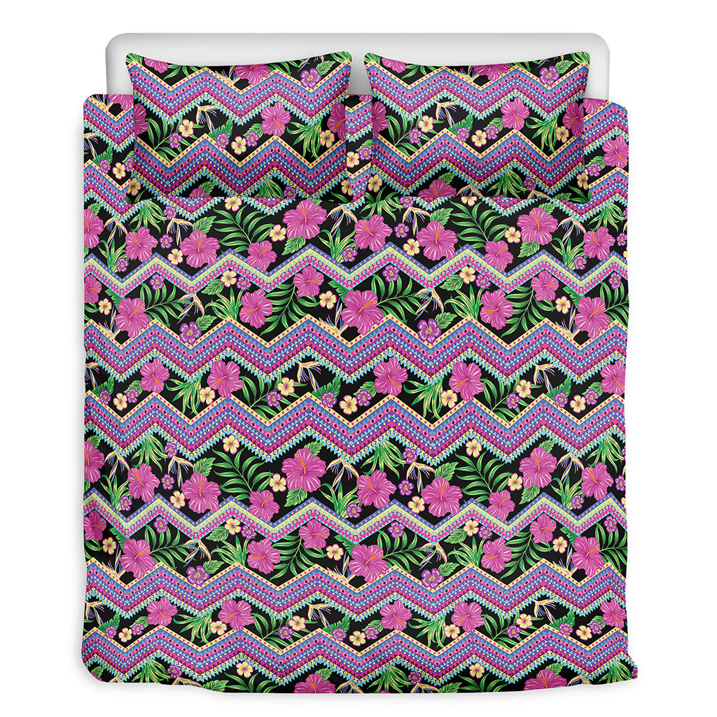 Tropical Hibiscus Flowers Aztec Print Duvet Cover Bedding Set