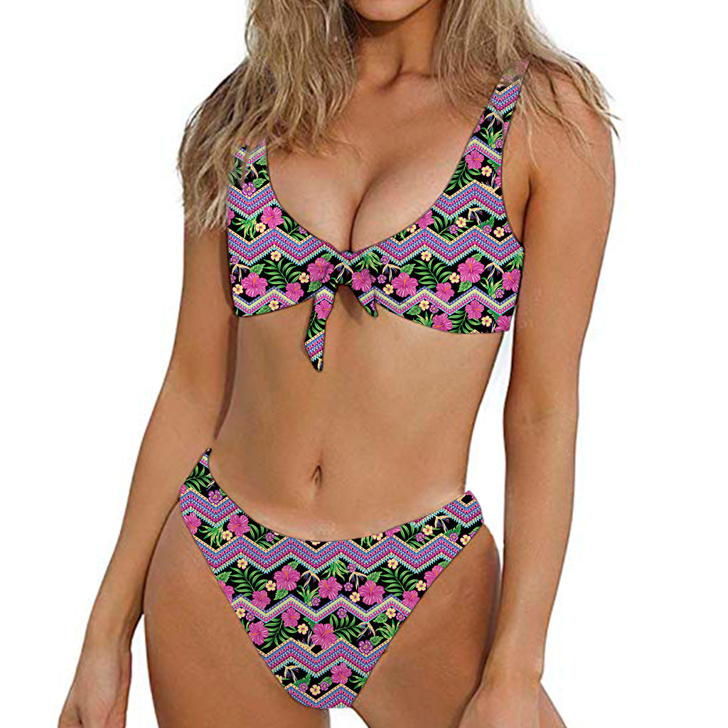 Tropical Hibiscus Flowers Aztec Print Front Bow Tie Bikini