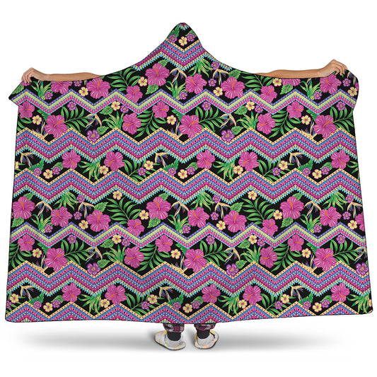 Tropical Hibiscus Flowers Aztec Print Hooded Blanket