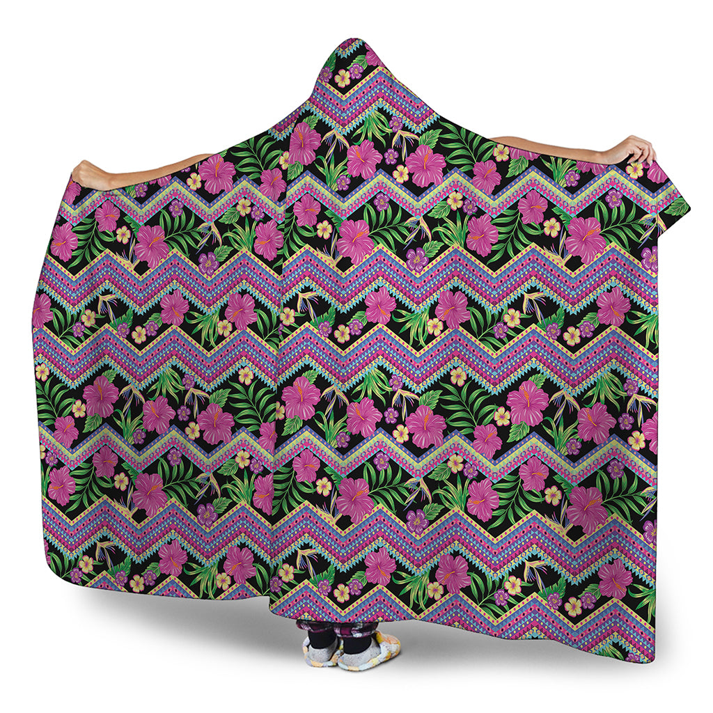 Tropical Hibiscus Flowers Aztec Print Hooded Blanket