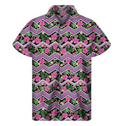 Tropical Hibiscus Flowers Aztec Print Men's Short Sleeve Shirt