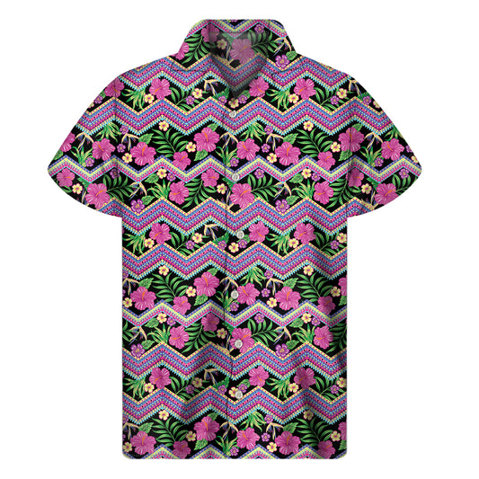 Tropical Hibiscus Flowers Aztec Print Men's Short Sleeve Shirt