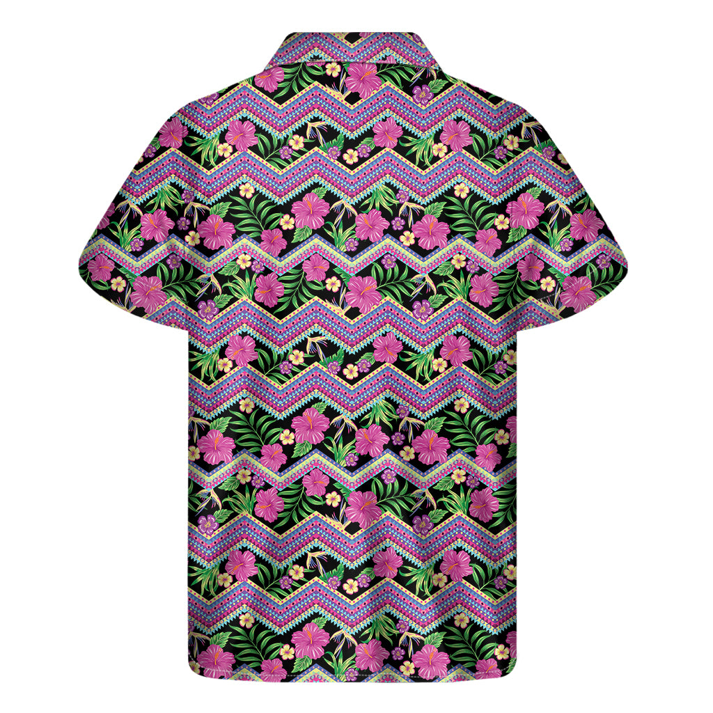 Tropical Hibiscus Flowers Aztec Print Men's Short Sleeve Shirt