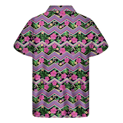 Tropical Hibiscus Flowers Aztec Print Men's Short Sleeve Shirt