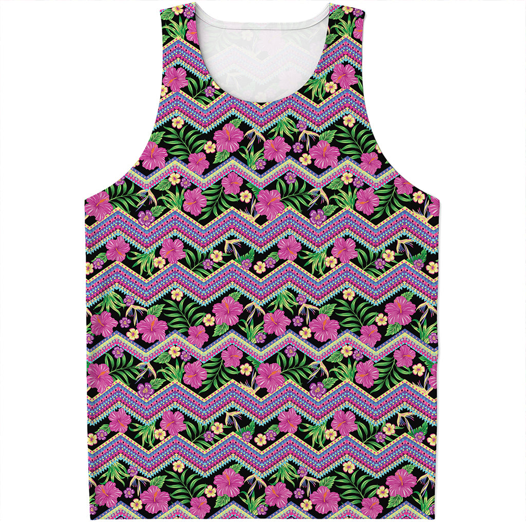 Tropical Hibiscus Flowers Aztec Print Men's Tank Top