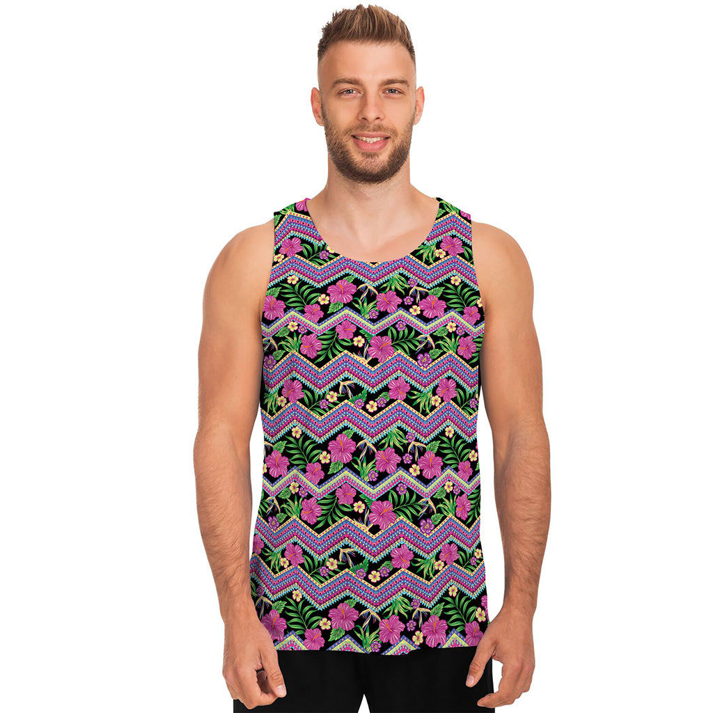 Tropical Hibiscus Flowers Aztec Print Men's Tank Top