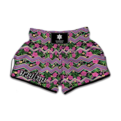 Tropical Hibiscus Flowers Aztec Print Muay Thai Boxing Shorts