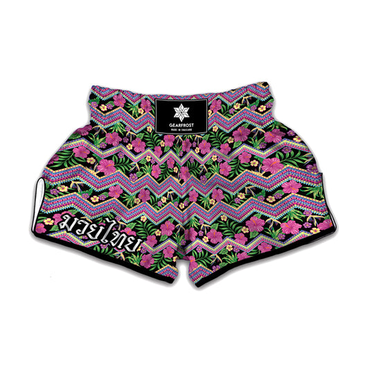 Tropical Hibiscus Flowers Aztec Print Muay Thai Boxing Shorts