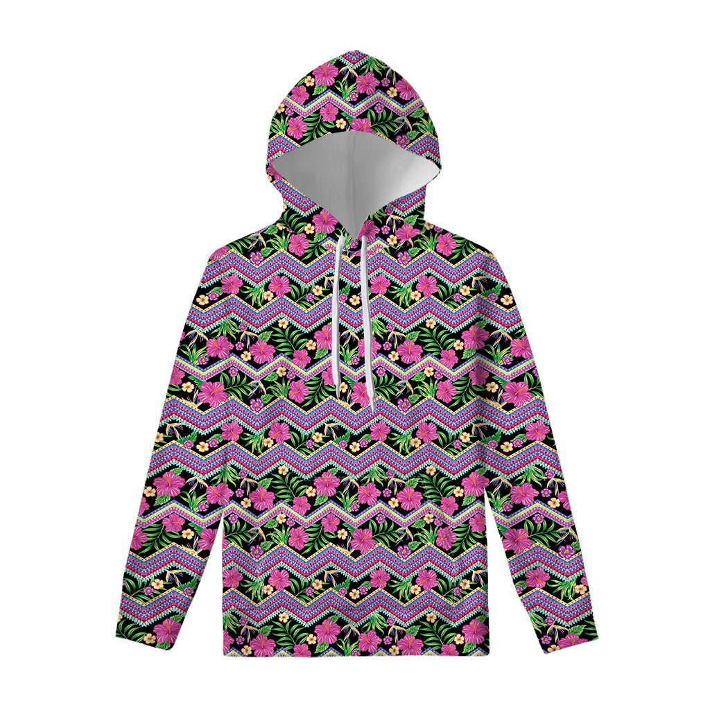 Tropical Hibiscus Flowers Aztec Print Pullover Hoodie