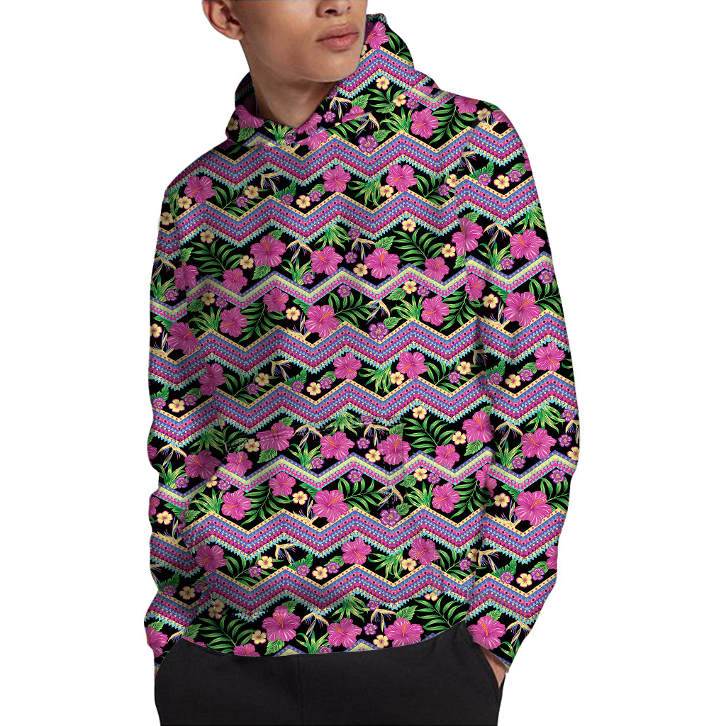 Tropical Hibiscus Flowers Aztec Print Pullover Hoodie