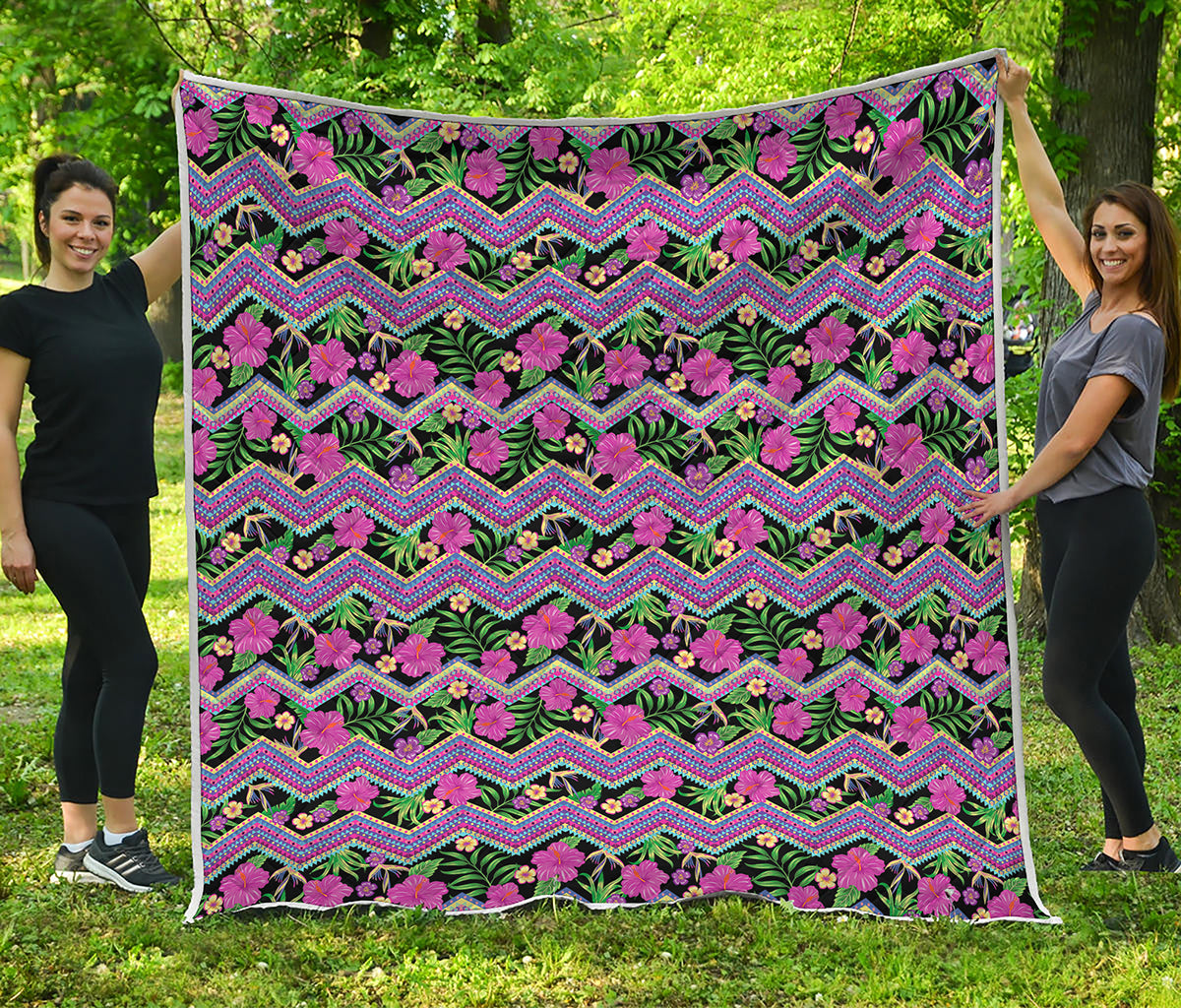 Tropical Hibiscus Flowers Aztec Print Quilt