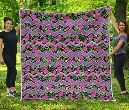 Tropical Hibiscus Flowers Aztec Print Quilt