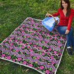 Tropical Hibiscus Flowers Aztec Print Quilt