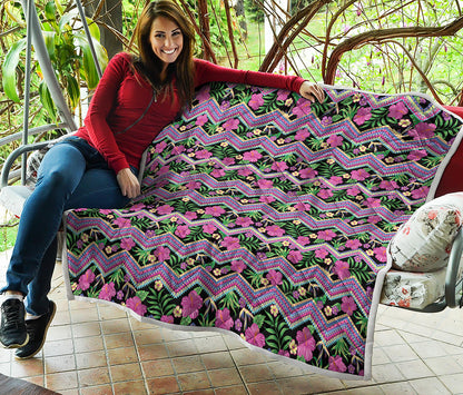 Tropical Hibiscus Flowers Aztec Print Quilt