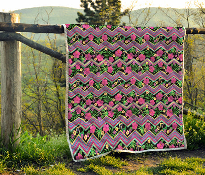 Tropical Hibiscus Flowers Aztec Print Quilt