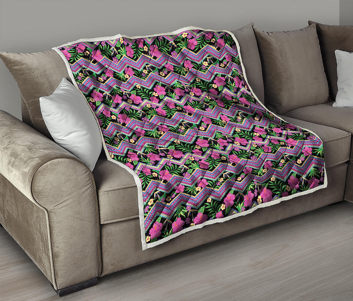Tropical Hibiscus Flowers Aztec Print Quilt