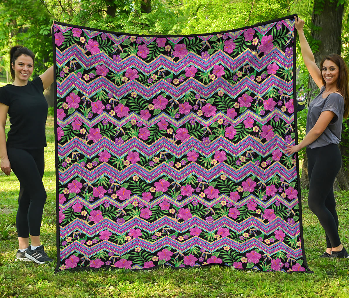 Tropical Hibiscus Flowers Aztec Print Quilt