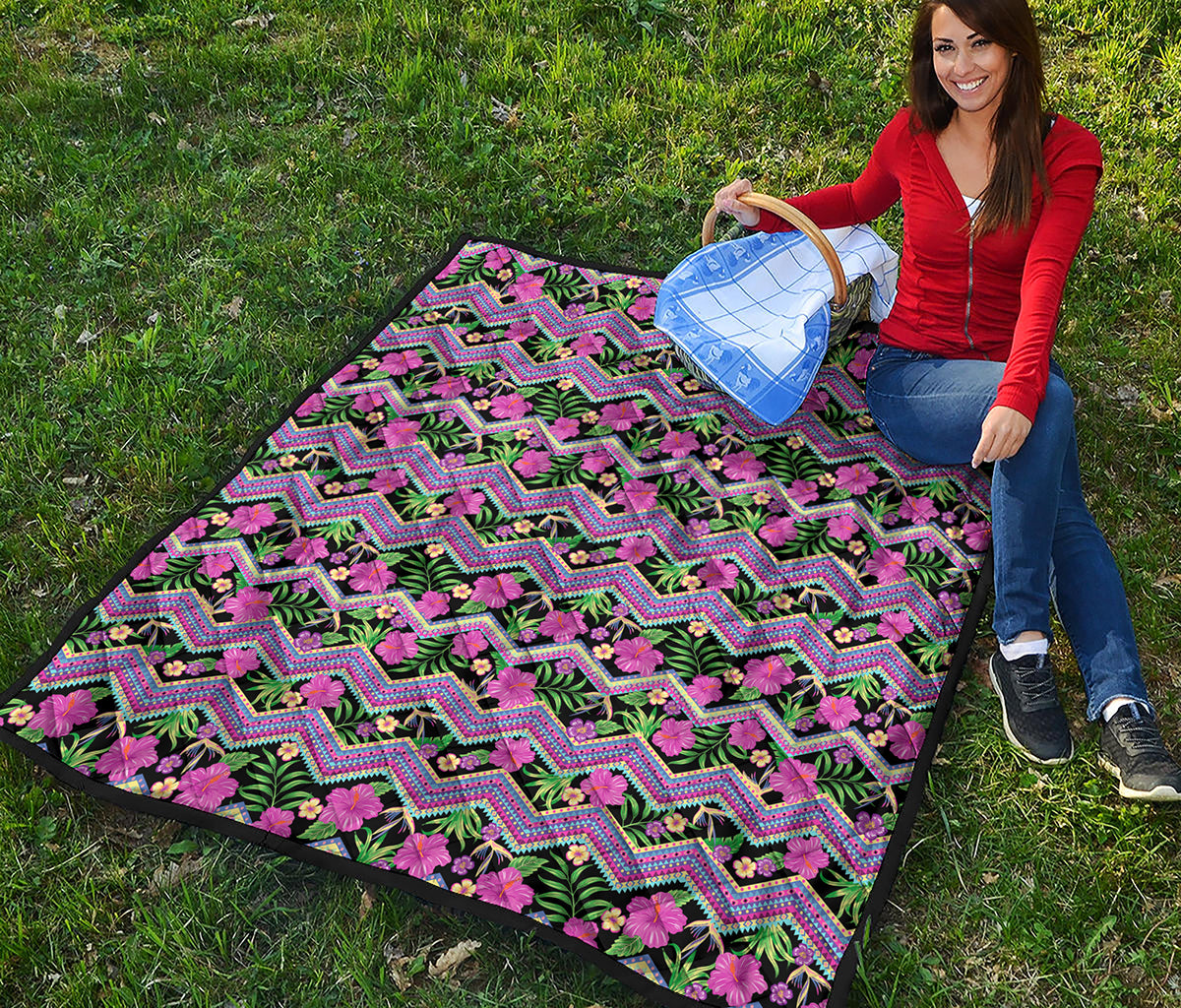 Tropical Hibiscus Flowers Aztec Print Quilt