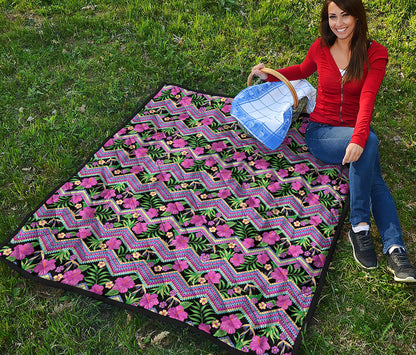 Tropical Hibiscus Flowers Aztec Print Quilt