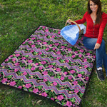 Tropical Hibiscus Flowers Aztec Print Quilt