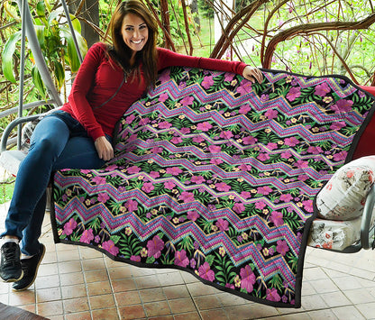 Tropical Hibiscus Flowers Aztec Print Quilt