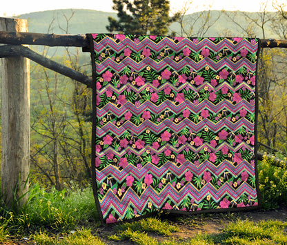 Tropical Hibiscus Flowers Aztec Print Quilt