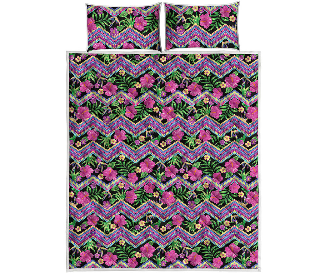 Tropical Hibiscus Flowers Aztec Print Quilt Bed Set