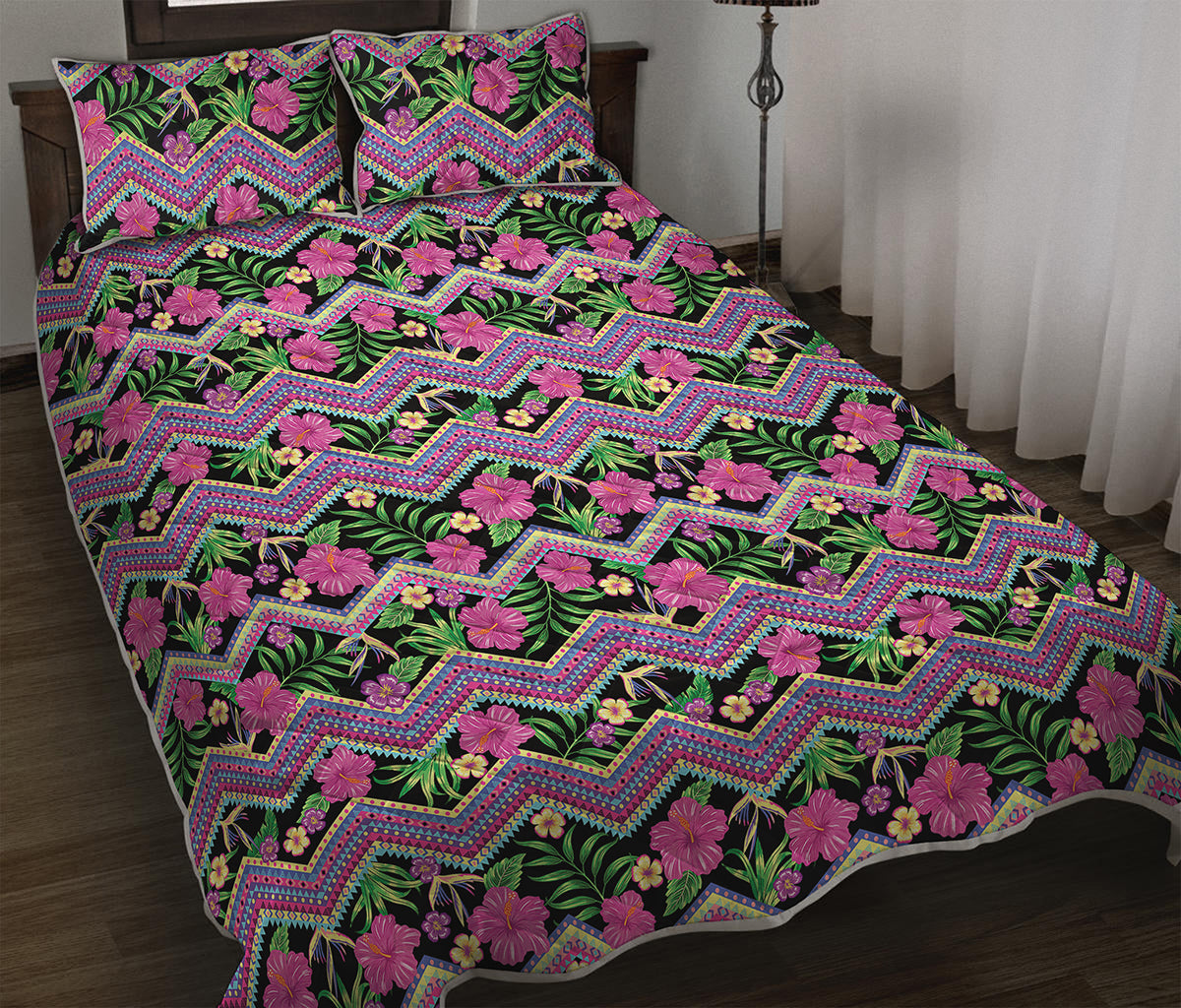 Tropical Hibiscus Flowers Aztec Print Quilt Bed Set