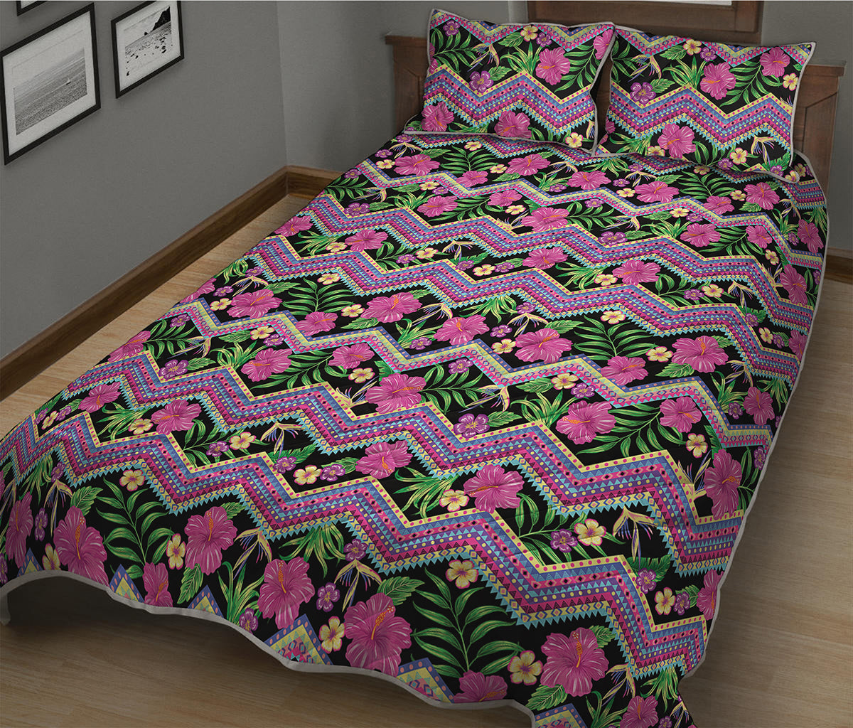 Tropical Hibiscus Flowers Aztec Print Quilt Bed Set