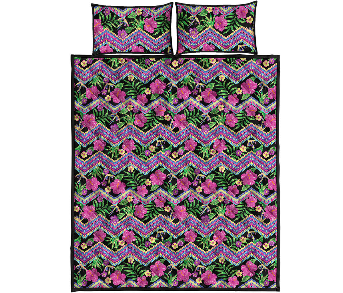Tropical Hibiscus Flowers Aztec Print Quilt Bed Set
