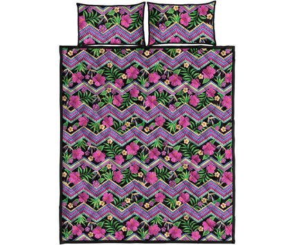 Tropical Hibiscus Flowers Aztec Print Quilt Bed Set