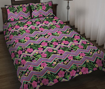Tropical Hibiscus Flowers Aztec Print Quilt Bed Set