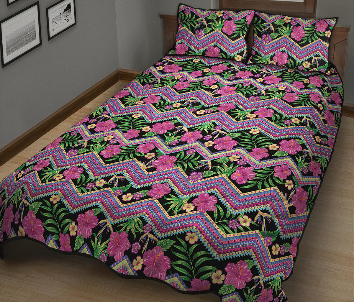 Tropical Hibiscus Flowers Aztec Print Quilt Bed Set