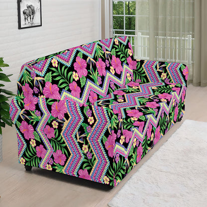 Tropical Hibiscus Flowers Aztec Print Sofa Cover