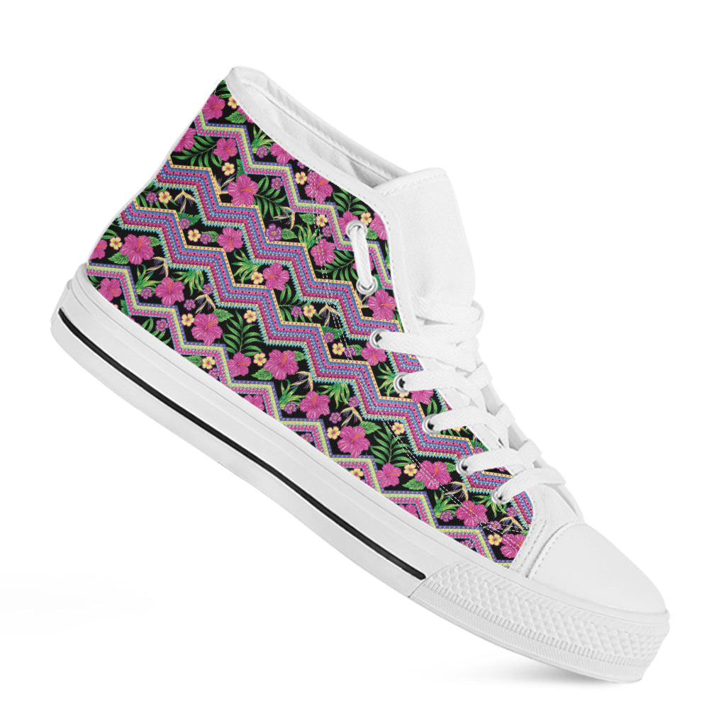 Tropical Hibiscus Flowers Aztec Print White High Top Shoes