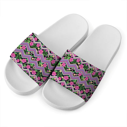 Tropical Hibiscus Flowers Aztec Print White Slide Sandals