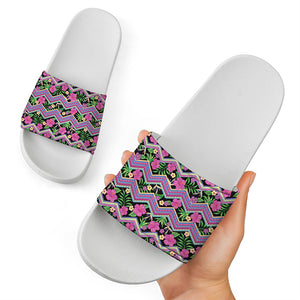 Tropical Hibiscus Flowers Aztec Print White Slide Sandals