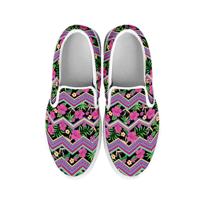 Tropical Hibiscus Flowers Aztec Print White Slip On Shoes